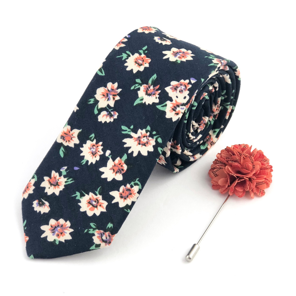 ⚜️HP⚜️Slim Navy Floral Tie & Orange Lapel Pin